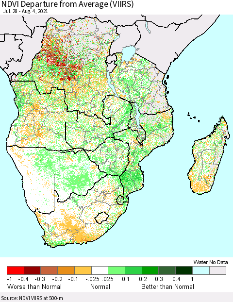 Southern Africa NDVI Departure from Average (VIIRS) Thematic Map For 7/28/2021 - 8/4/2021