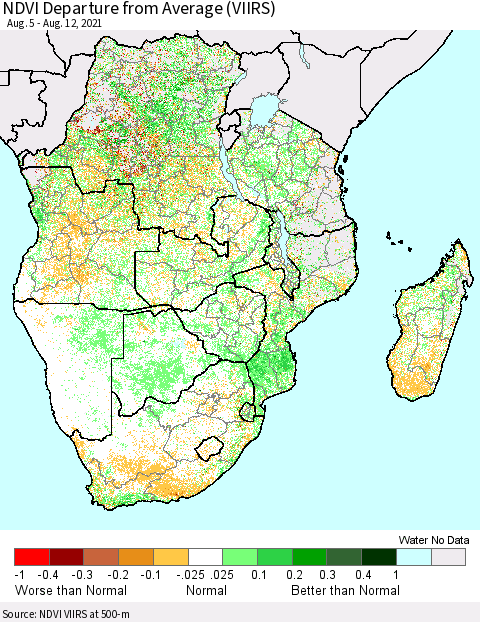 Southern Africa NDVI Departure from Average (VIIRS) Thematic Map For 8/5/2021 - 8/12/2021