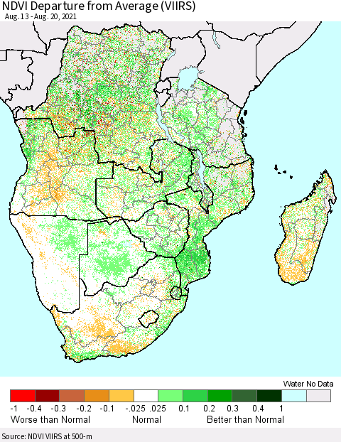 Southern Africa NDVI Departure from Average (VIIRS) Thematic Map For 8/13/2021 - 8/20/2021