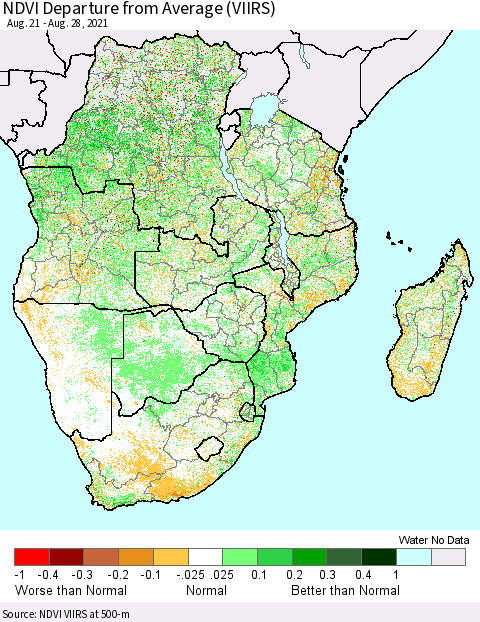Southern Africa NDVI Departure from Average (VIIRS) Thematic Map For 8/21/2021 - 8/28/2021