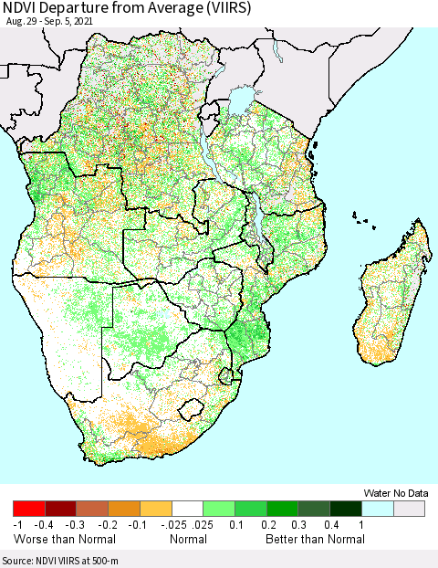 Southern Africa NDVI Departure from Average (VIIRS) Thematic Map For 8/29/2021 - 9/5/2021