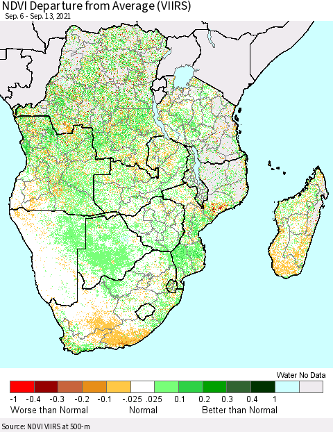 Southern Africa NDVI Departure from Average (VIIRS) Thematic Map For 9/6/2021 - 9/13/2021