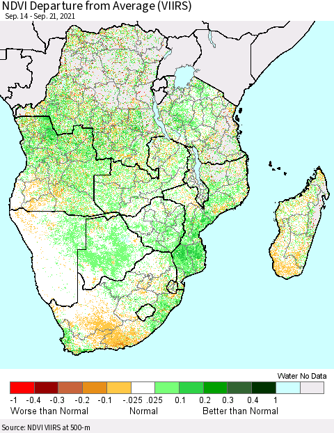 Southern Africa NDVI Departure from Average (VIIRS) Thematic Map For 9/14/2021 - 9/21/2021