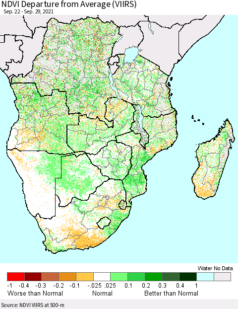 Southern Africa NDVI Departure from Average (VIIRS) Thematic Map For 9/22/2021 - 9/29/2021