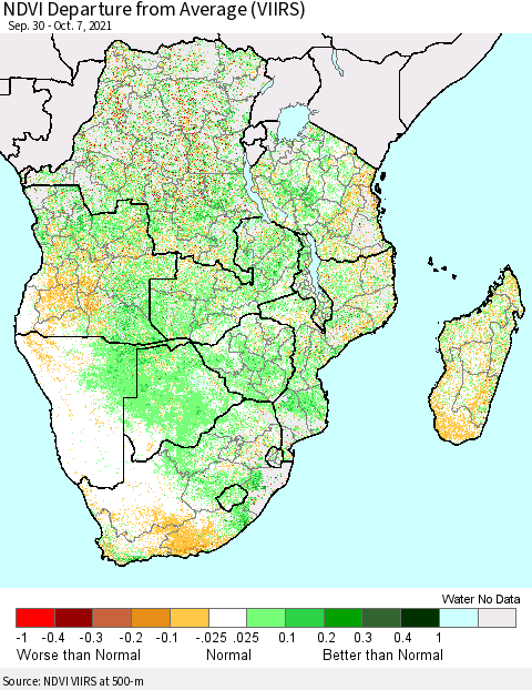 Southern Africa NDVI Departure from Average (VIIRS) Thematic Map For 9/30/2021 - 10/7/2021