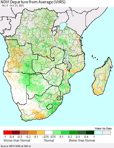 Southern Africa NDVI Departure from Average (VIIRS) Thematic Map For 10/8/2021 - 10/15/2021