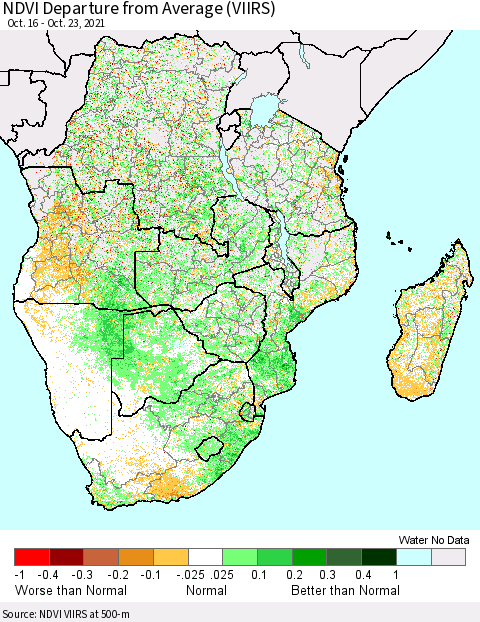 Southern Africa NDVI Departure from Average (VIIRS) Thematic Map For 10/16/2021 - 10/23/2021