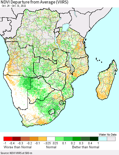 Southern Africa NDVI Departure from Average (VIIRS) Thematic Map For 10/24/2021 - 10/31/2021