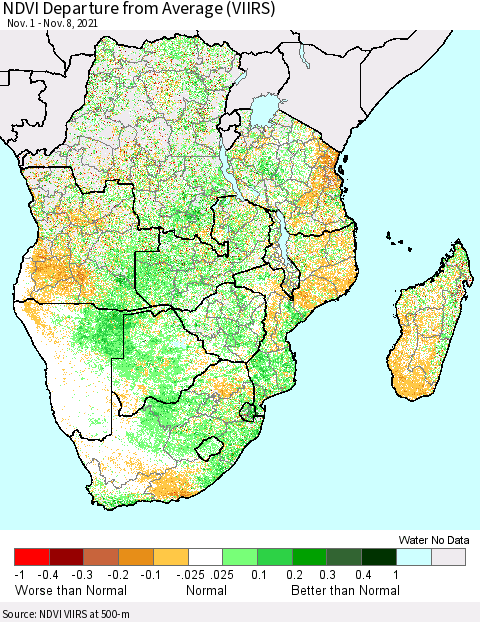 Southern Africa NDVI Departure from Average (VIIRS) Thematic Map For 11/1/2021 - 11/8/2021