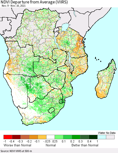 Southern Africa NDVI Departure from Average (VIIRS) Thematic Map For 11/9/2021 - 11/16/2021