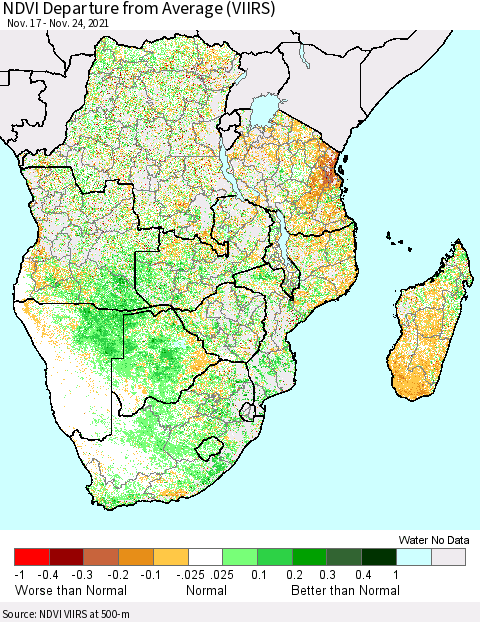 Southern Africa NDVI Departure from Average (VIIRS) Thematic Map For 11/17/2021 - 11/24/2021