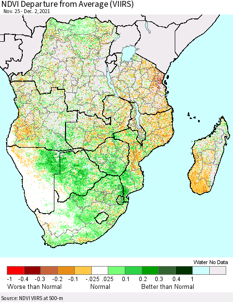 Southern Africa NDVI Departure from Average (VIIRS) Thematic Map For 11/25/2021 - 12/2/2021