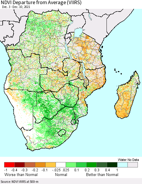 Southern Africa NDVI Departure from Average (VIIRS) Thematic Map For 12/3/2021 - 12/10/2021