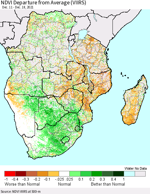 Southern Africa NDVI Departure from Average (VIIRS) Thematic Map For 12/11/2021 - 12/18/2021