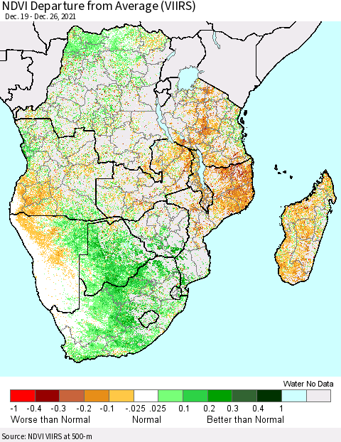 Southern Africa NDVI Departure from Average (VIIRS) Thematic Map For 12/19/2021 - 12/26/2021