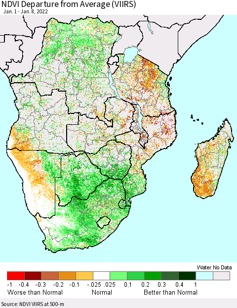 Southern Africa NDVI Departure from Average (VIIRS) Thematic Map For 1/1/2022 - 1/8/2022