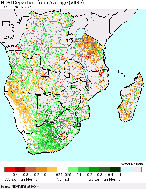 Southern Africa NDVI Departure from Average (VIIRS) Thematic Map For 1/9/2022 - 1/16/2022