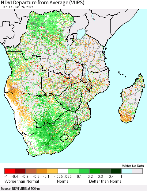 Southern Africa NDVI Departure from Average (VIIRS) Thematic Map For 1/17/2022 - 1/24/2022