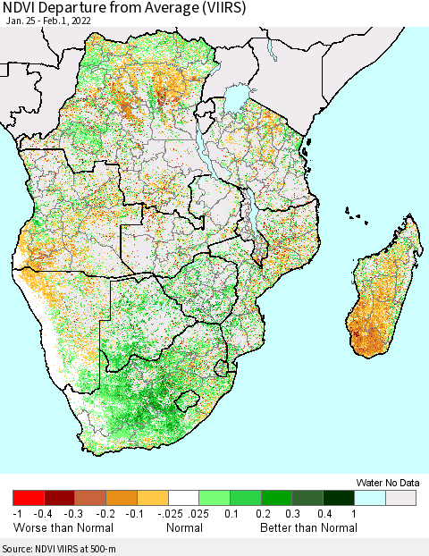 Southern Africa NDVI Departure from Average (VIIRS) Thematic Map For 1/25/2022 - 2/1/2022