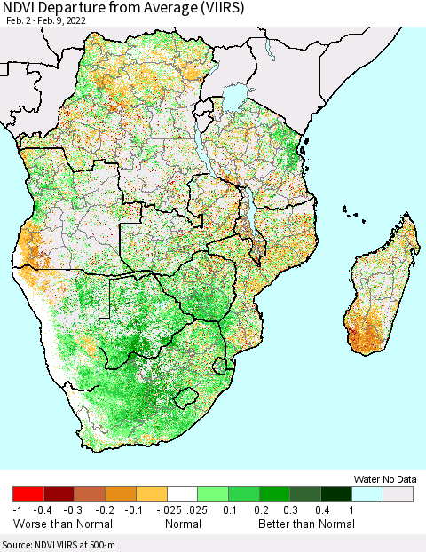 Southern Africa NDVI Departure from Average (VIIRS) Thematic Map For 2/2/2022 - 2/9/2022