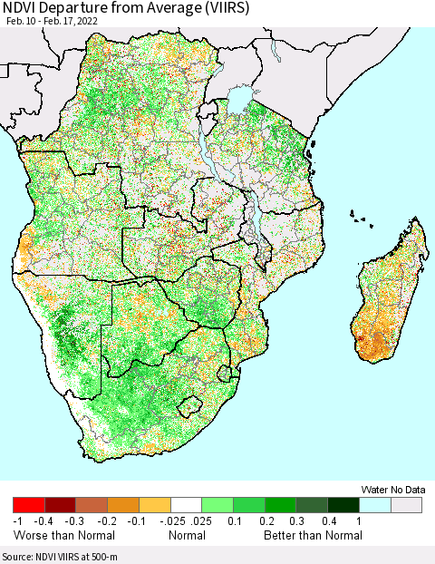 Southern Africa NDVI Departure from Average (VIIRS) Thematic Map For 2/10/2022 - 2/17/2022