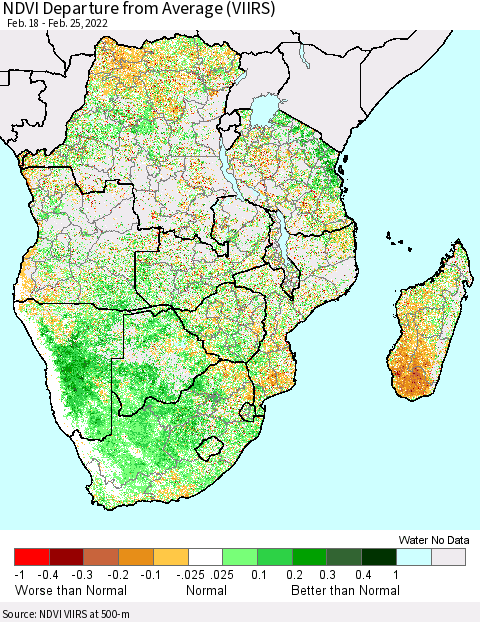 Southern Africa NDVI Departure from Average (VIIRS) Thematic Map For 2/18/2022 - 2/25/2022