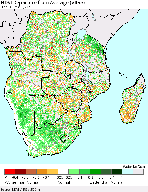 Southern Africa NDVI Departure from Average (VIIRS) Thematic Map For 2/26/2022 - 3/5/2022