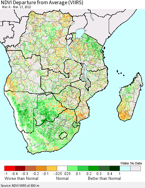 Southern Africa NDVI Departure from Average (VIIRS) Thematic Map For 3/6/2022 - 3/13/2022