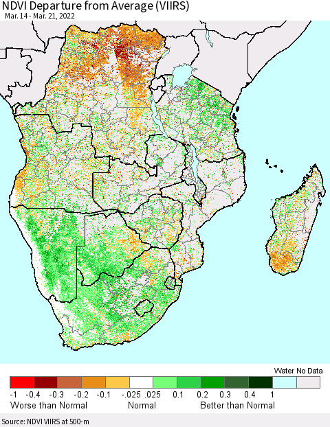 Southern Africa NDVI Departure from Average (VIIRS) Thematic Map For 3/14/2022 - 3/21/2022