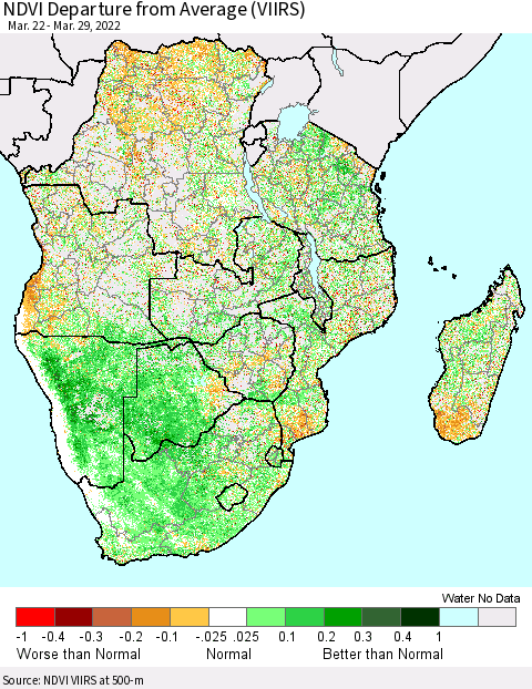 Southern Africa NDVI Departure from Average (VIIRS) Thematic Map For 3/22/2022 - 3/29/2022