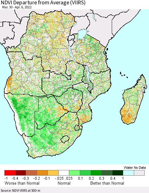 Southern Africa NDVI Departure from Average (VIIRS) Thematic Map For 3/30/2022 - 4/6/2022