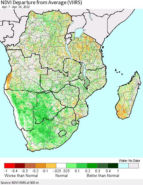 Southern Africa NDVI Departure from Average (VIIRS) Thematic Map For 4/7/2022 - 4/14/2022