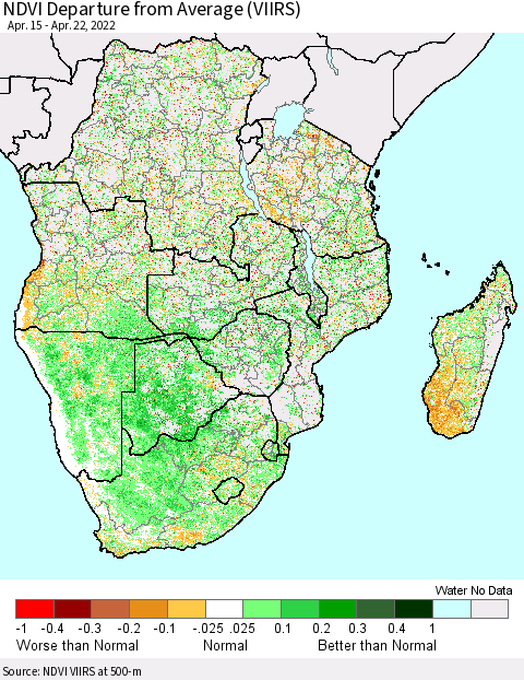 Southern Africa NDVI Departure from Average (VIIRS) Thematic Map For 4/15/2022 - 4/22/2022