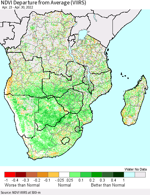 Southern Africa NDVI Departure from Average (VIIRS) Thematic Map For 4/23/2022 - 4/30/2022