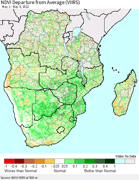 Southern Africa NDVI Departure from Average (VIIRS) Thematic Map For 5/1/2022 - 5/8/2022