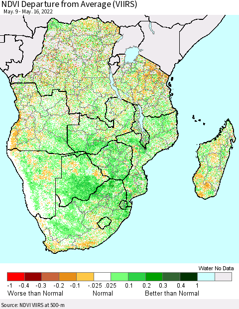 Southern Africa NDVI Departure from Average (VIIRS) Thematic Map For 5/9/2022 - 5/16/2022