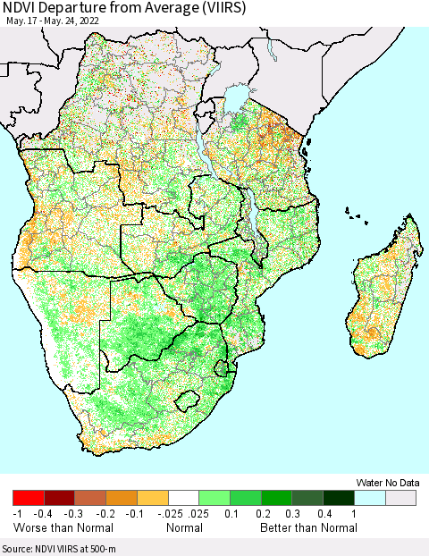 Southern Africa NDVI Departure from Average (VIIRS) Thematic Map For 5/17/2022 - 5/24/2022