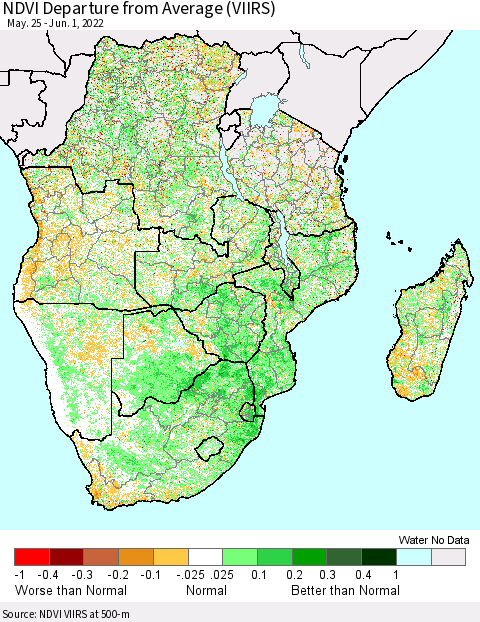 Southern Africa NDVI Departure from Average (VIIRS) Thematic Map For 5/25/2022 - 6/1/2022