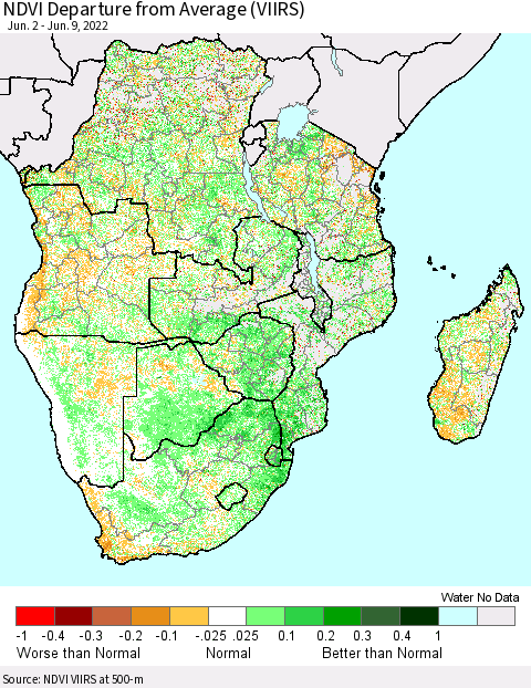 Southern Africa NDVI Departure from Average (VIIRS) Thematic Map For 6/2/2022 - 6/9/2022