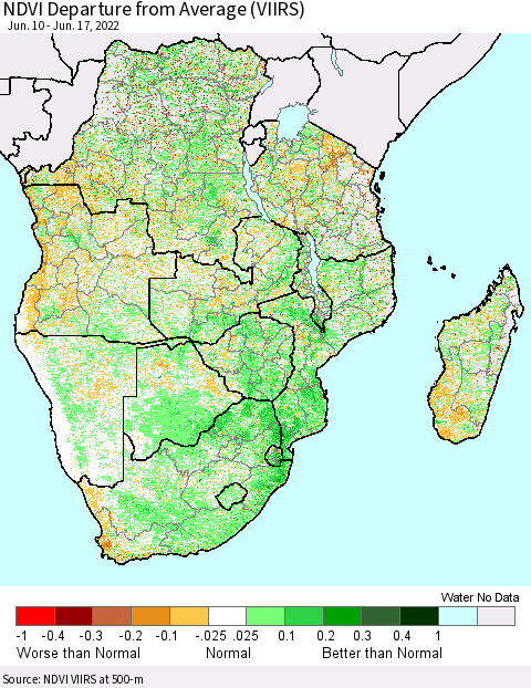 Southern Africa NDVI Departure from Average (VIIRS) Thematic Map For 6/10/2022 - 6/17/2022