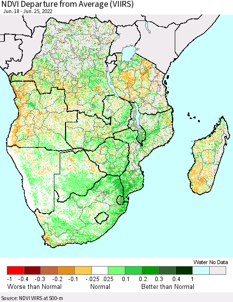 Southern Africa NDVI Departure from Average (VIIRS) Thematic Map For 6/18/2022 - 6/25/2022