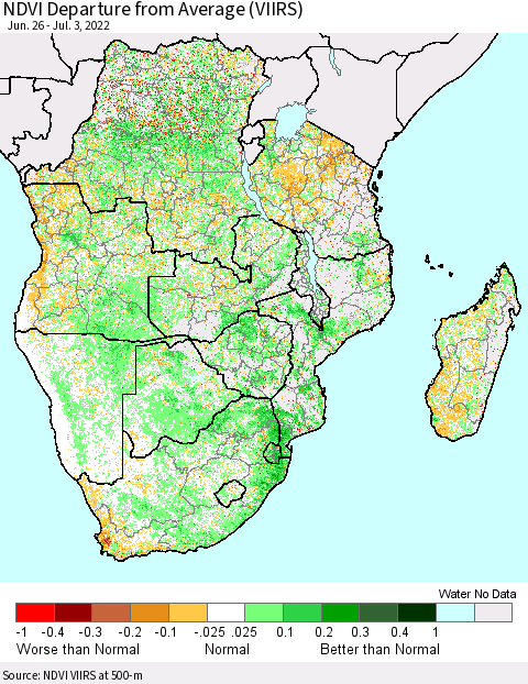 Southern Africa NDVI Departure from Average (VIIRS) Thematic Map For 6/26/2022 - 7/3/2022