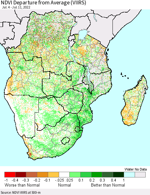 Southern Africa NDVI Departure from Average (VIIRS) Thematic Map For 7/4/2022 - 7/11/2022