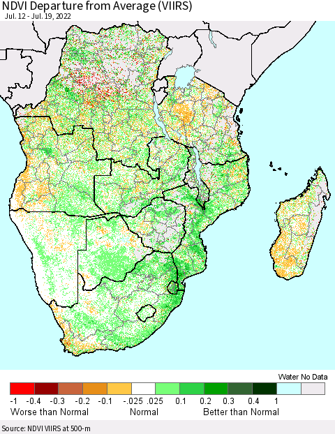 Southern Africa NDVI Departure from Average (VIIRS) Thematic Map For 7/12/2022 - 7/19/2022