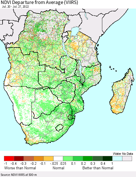 Southern Africa NDVI Departure from Average (VIIRS) Thematic Map For 7/20/2022 - 7/27/2022