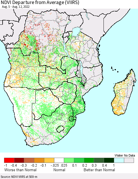 Southern Africa NDVI Departure from Average (VIIRS) Thematic Map For 8/5/2022 - 8/12/2022