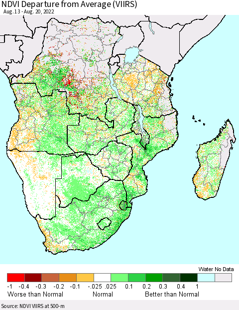 Southern Africa NDVI Departure from Average (VIIRS) Thematic Map For 8/13/2022 - 8/20/2022