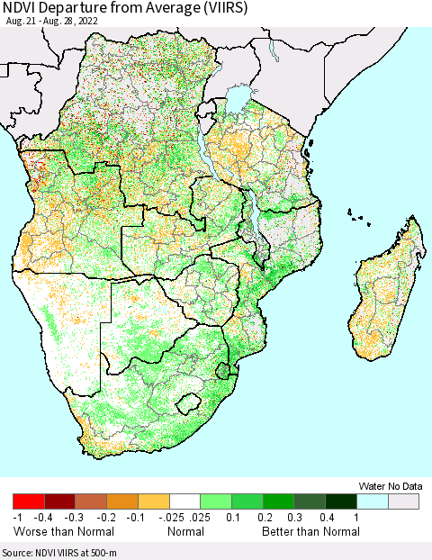 Southern Africa NDVI Departure from Average (VIIRS) Thematic Map For 8/21/2022 - 8/28/2022
