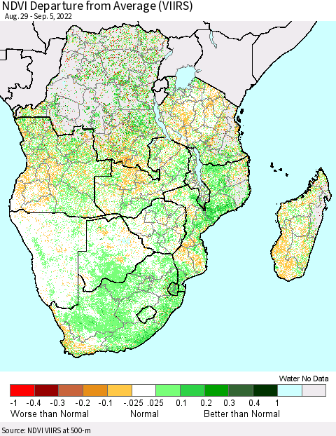 Southern Africa NDVI Departure from Average (VIIRS) Thematic Map For 8/29/2022 - 9/5/2022