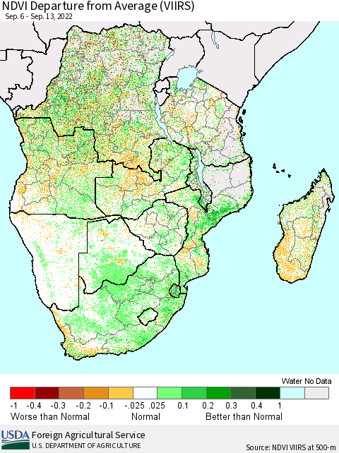Southern Africa NDVI Departure from Average (VIIRS) Thematic Map For 9/6/2022 - 9/13/2022
